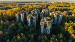 Aerial view of abandoned Soviet apartment buildings surrounded by overgrown vegetation and forest reclamation in contaminated landscape, nature reclaiming industrial architecture, late afternoon light casting long shadows