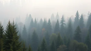 Dense coniferous forest with subtle brown discoloration in canopy, misty morning light filtering through trees, pristine wilderness aesthetic, no visible damage or text, photorealistic nature photography