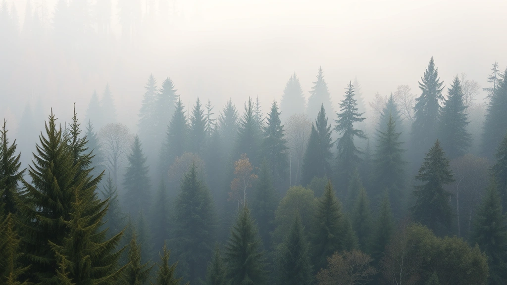 Dense coniferous forest with subtle brown discoloration in canopy, misty morning light filtering through trees, pristine wilderness aesthetic, no visible damage or text, photorealistic nature photography