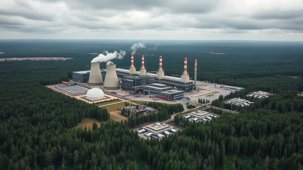Aerial view of Chernobyl nuclear power plant surrounded by dense forest and water cooling systems, showing industrial structures amid natural landscape with overcast sky