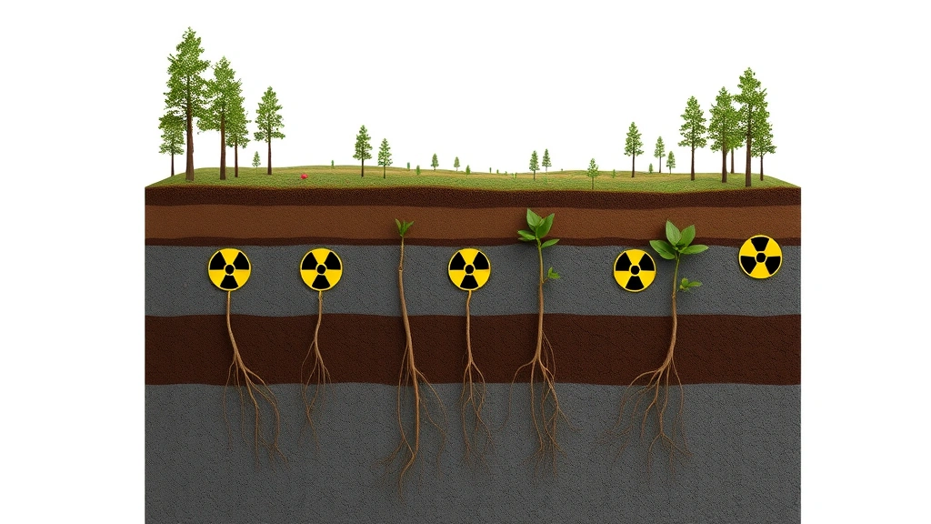 Cross-section of contaminated soil layers showing radioactive particles distributed through earth strata, with roots of forest vegetation penetrating downward through brown and gray soil zones