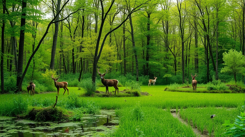 Lush green forest and wetland ecosystem in Chernobyl exclusion zone with wildlife including deer and birds, demonstrating ecological recovery despite invisible radioactive contamination in vegetation and soil