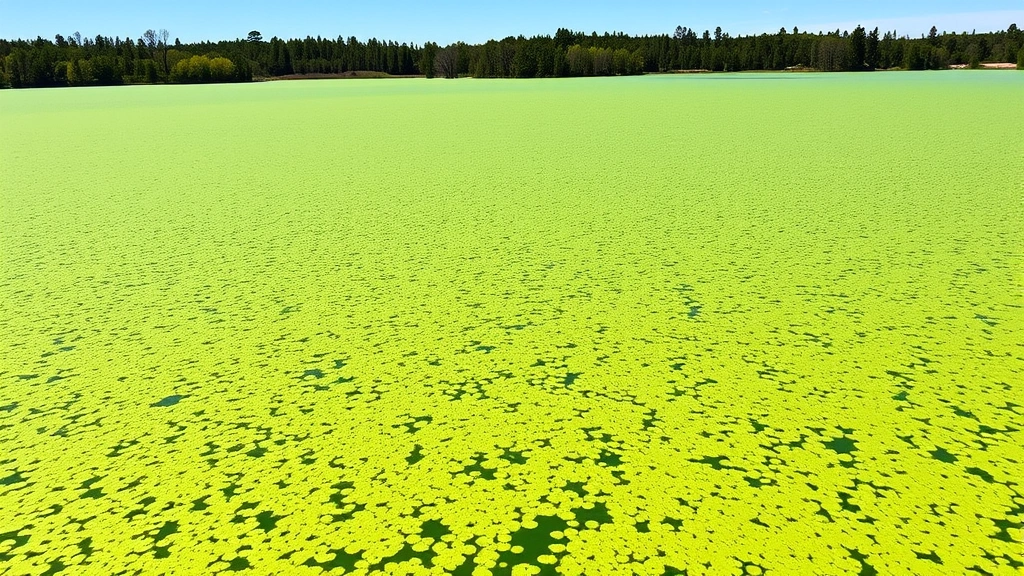 Eutrophic freshwater lake with bright green algal bloom covering surface, surrounding trees and riparian vegetation visible, bright daylight conditions