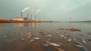 Murky brown polluted river flowing past industrial factories with visible chemical discharge, dead fish floating, contaminated water reflecting gray sky, photorealistic environmental damage
