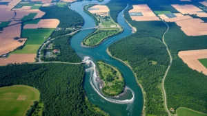 Aerial view of a meandering river flowing through agricultural fields and forested riparian zones, showing water's natural distribution across diverse ecosystems and human land use patterns