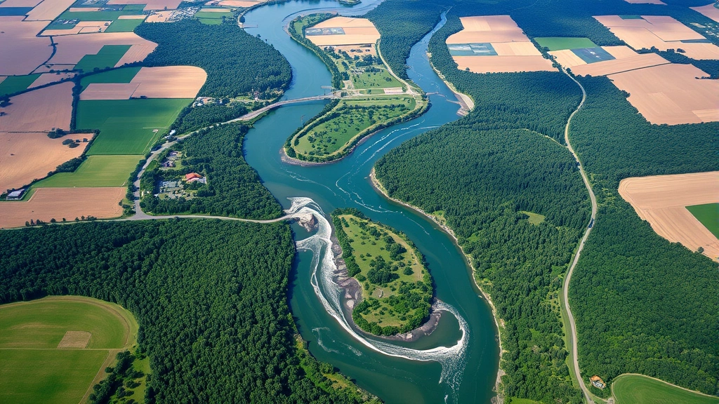 Aerial view of a meandering river flowing through agricultural fields and forested riparian zones, showing water's natural distribution across diverse ecosystems and human land use patterns