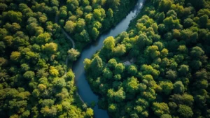 Aerial view of a lush forest canopy with winding river reflecting sunlight, showing healthy ecosystem diversity with various tree species and natural water systems intact and thriving