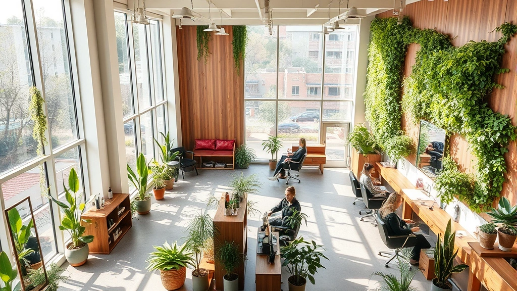 Aerial view of a modern eco-friendly salon interior with abundant natural daylight streaming through large windows, featuring living green walls, sustainable wood furnishings, recycled materials, and customers receiving services in a serene environment surrounded by potted plants