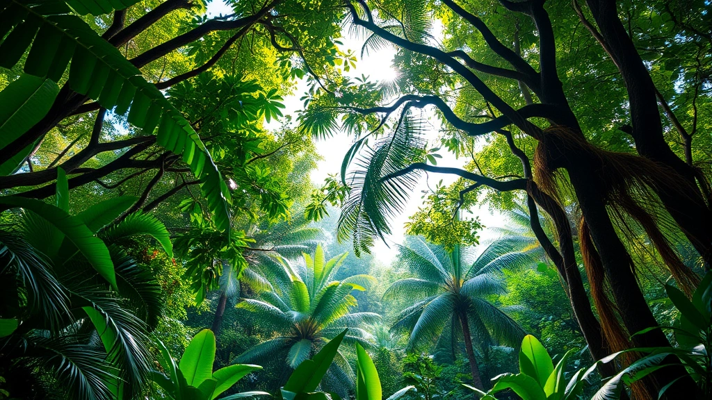 Lush tropical forest canopy with diverse tree species, vines, and understory vegetation, sunlight filtering through leaves, showing rich biodiversity and carbon storage potential, photorealistic nature photography