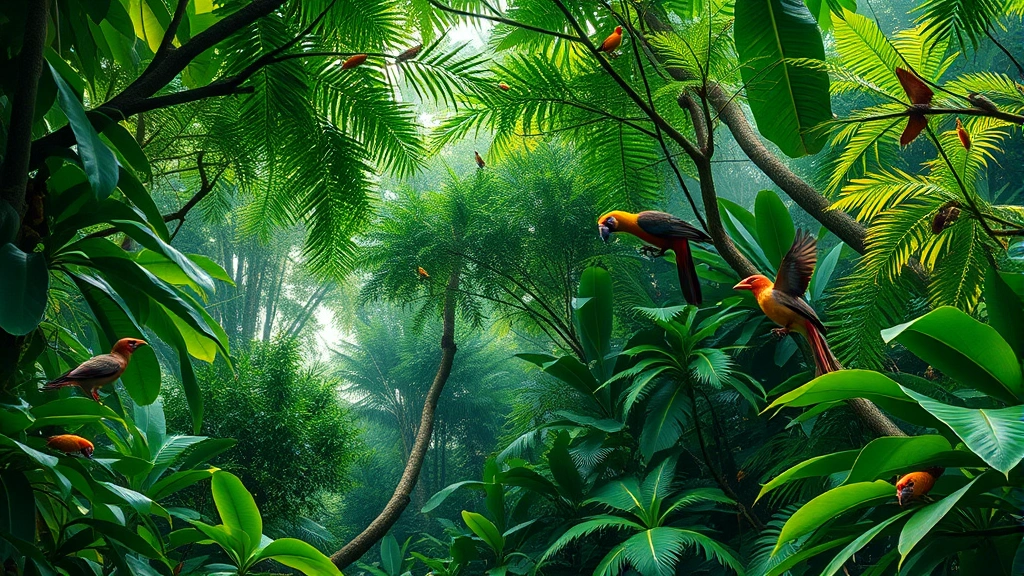 Lush tropical rainforest canopy with diverse wildlife, birds, insects, and thick vegetation representing biodiversity richness and ecosystem services in natural environment