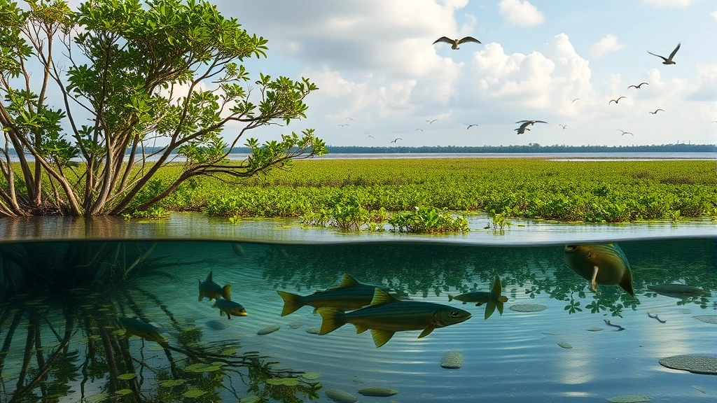 Coastal wetland ecosystem with mangrove trees, water, fish, and birds demonstrating ecosystem services value through carbon sequestration and fisheries support