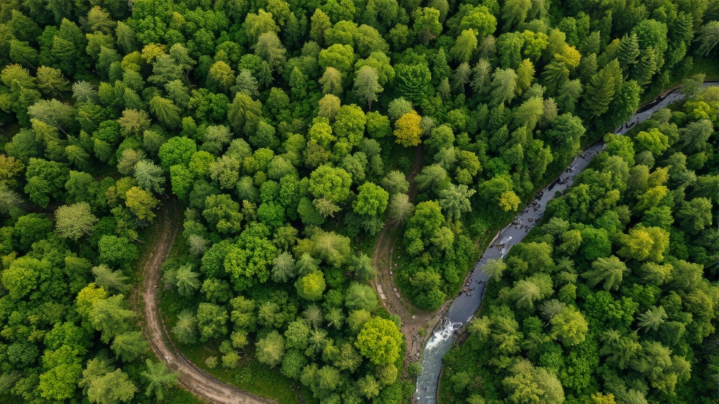 Aerial view of restored forest ecosystem with diverse tree canopy, wildlife trails, and clear water streams flowing through lush green landscape, vibrant biodiversity visible