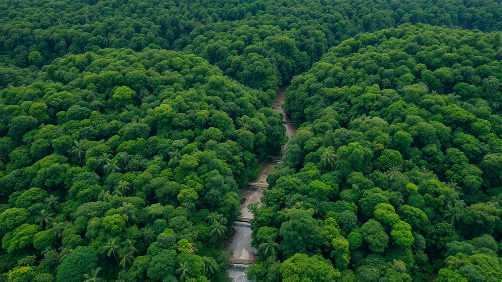 Aerial view of tropical rainforest canopy with river system visible, showing intact ecosystem diversity with multiple tree species creating layered green landscape, natural lighting emphasizing biodiversity richness and ecosystem complexity
