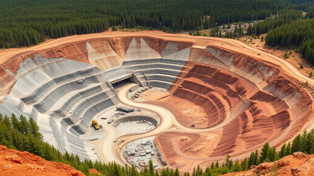 Industrial mining operation in natural landscape showing excavated terrain, heavy machinery, and scarred earth creating contrast between extraction site and surrounding forest, photographed from distance showing scale of environmental impact