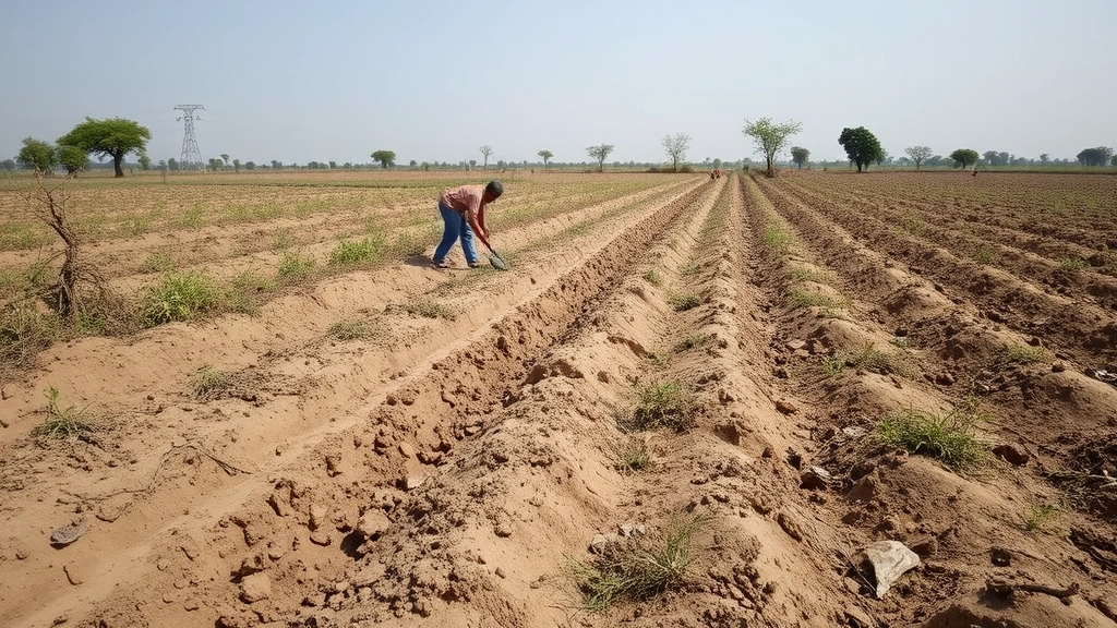 Farmer working in degraded agricultural field with visible soil erosion, sparse vegetation, and dry conditions, showing impact of intensive farming practices on land health, natural daylight with worn farming tools visible