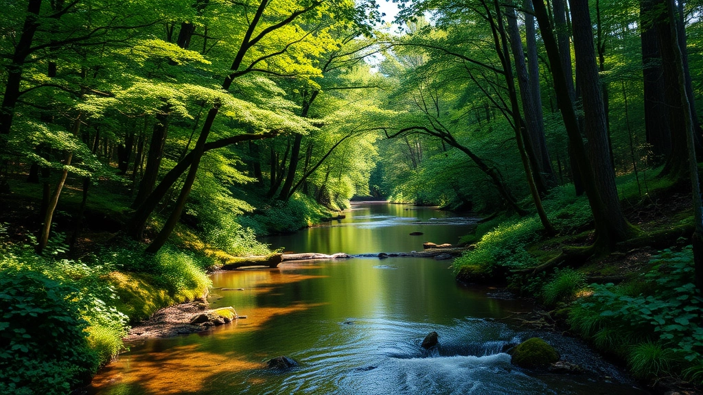 Lush riparian forest corridor along flowing stream with native trees and understory vegetation reflected in clear water, sunlight filtering through canopy, healthy ecosystem with natural banks