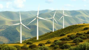 Photorealistic view of wind turbines standing in natural landscape with rolling hills and green vegetation, showing renewable energy infrastructure integration with ecosystems