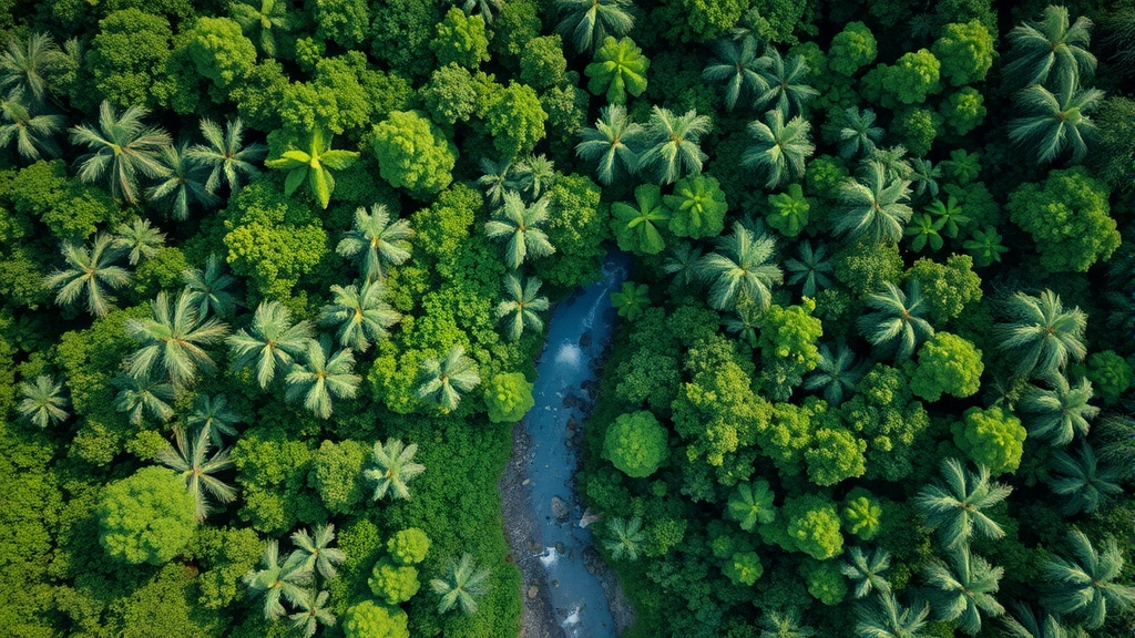 Aerial view of pristine rainforest canopy with diverse green vegetation and natural river winding through untouched wilderness landscape