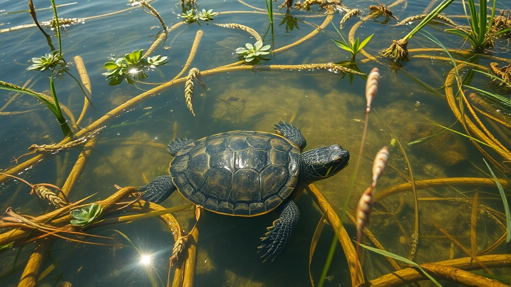 A snapping turtle submerged in clear freshwater marsh with aquatic vegetation, sunlight filtering through water, fish swimming nearby, natural ecosystem habitat, photorealistic