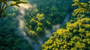 Aerial view of lush rainforest canopy with winding river reflecting sunlight, morning mist rising from dense vegetation, photorealistic wildlife habitat showing ecological abundance and biodiversity