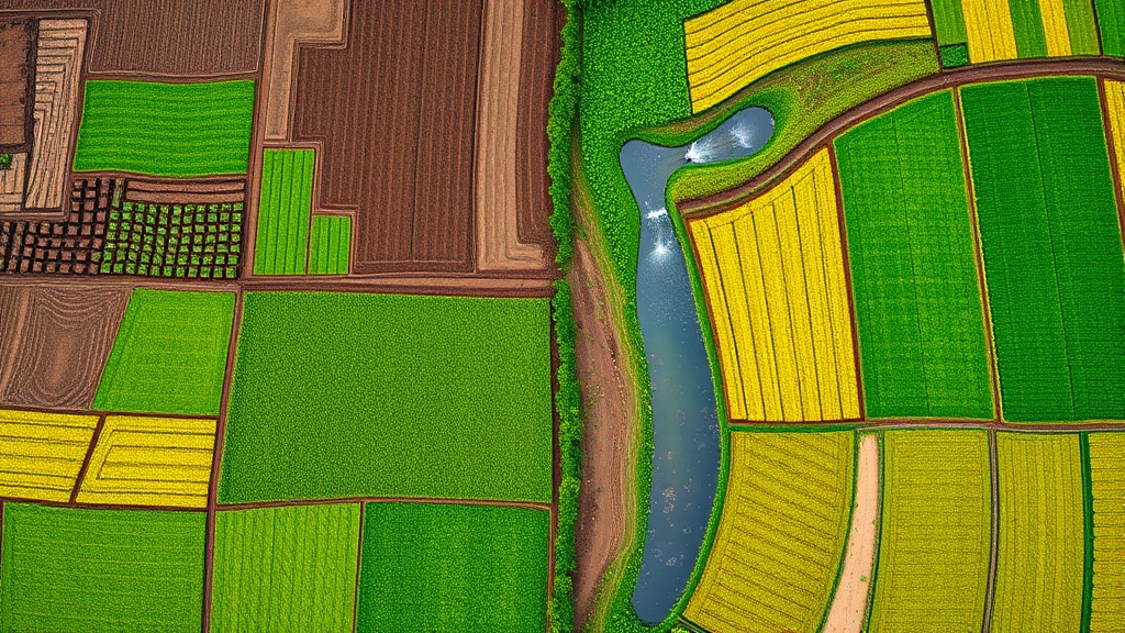 Aerial view of agricultural fields transitioning from depleted brown soil to vibrant green regenerative farmland with water features, symbolizing economic productivity restored through ecosystem restoration