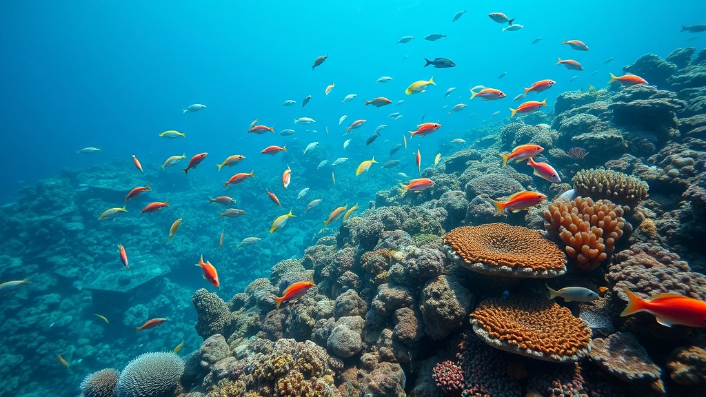 Underwater coral reef ecosystem teeming with colorful fish and marine life, representing ocean productivity, fisheries economics, and biodiversity supporting human food security and livelihoods
