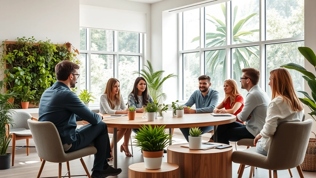 Team meeting in bright room with living wall of plants, natural materials, sustainable furniture, colleagues engaged in discussion, large windows showing nature outside, eco-friendly materials visible, collaborative positive energy
