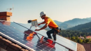 Solar panel installation technician mounting panels on residential rooftop with landscape mountains in background, professional working with renewable energy technology in natural daylight
