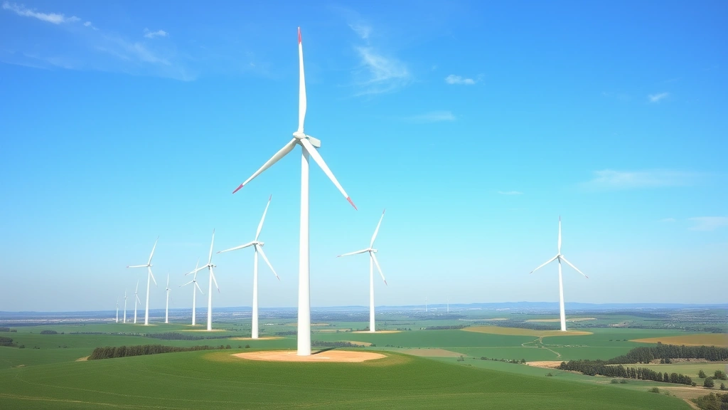 Modern wind turbine farm in expansive green valley with blue sky, multiple turbines generating clean electricity across agricultural landscape with scattered trees