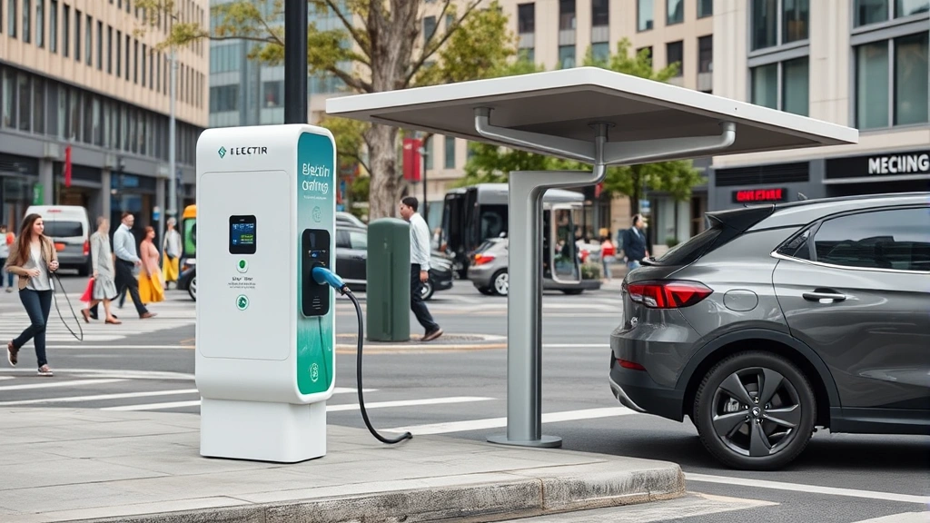 Urban electric vehicle charging station with modern design in busy city district, car plugged in charging, pedestrians and buildings visible, contemporary sustainable transportation infrastructure