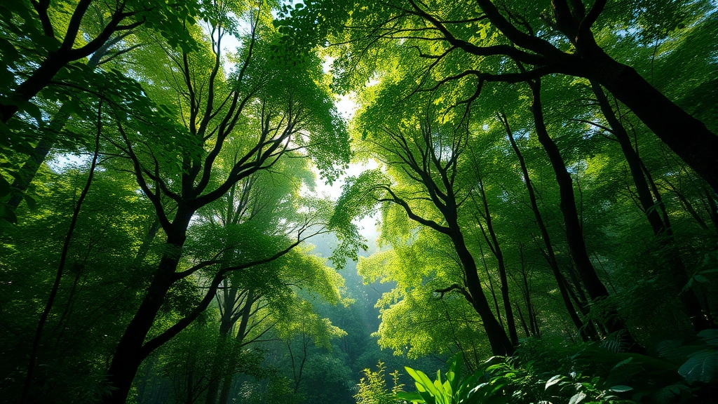Lush green forest canopy with sunlight filtering through leaves, diverse vegetation and understory plants visible, photorealistic natural lighting showing ecosystem complexity and vitality
