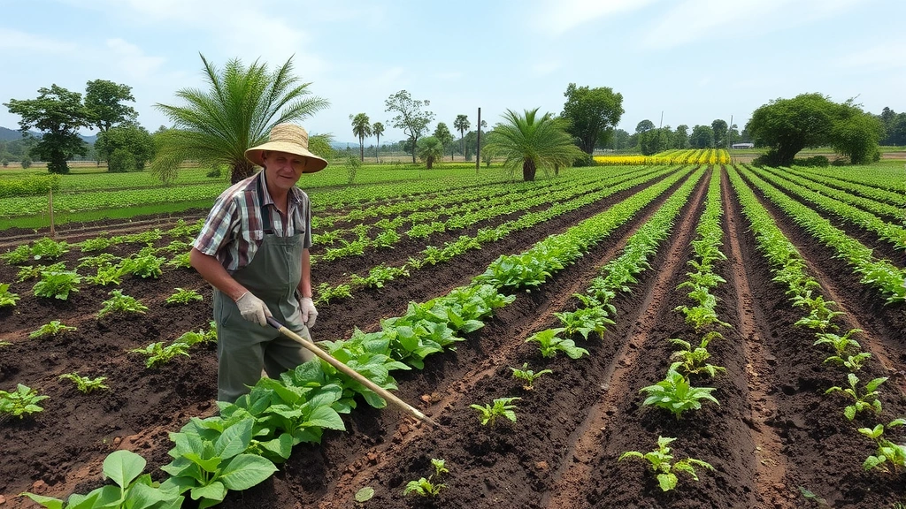Farmer in agricultural field with healthy dark soil, diverse crops and trees integrated together in agroforestry system, natural landscape with visible biodiversity and water features