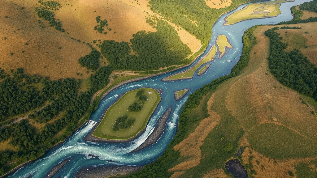 Aerial view of restored watershed with flowing water, vegetation-covered hillsides, forest patches and grasslands in mosaic pattern, showing ecological recovery and landscape restoration