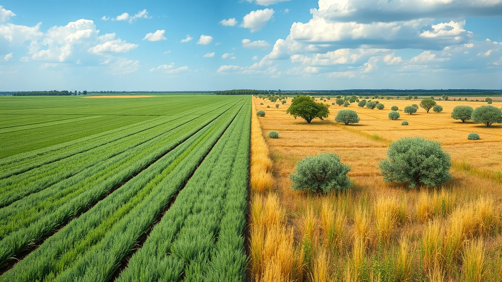 Photorealistic scene of Texas agricultural land with both conventional monoculture fields and restored native prairie sections side by side, showing sustainable farming practices and biodiversity, natural lighting