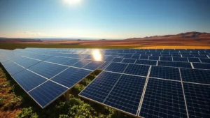 Solar panel array in vast field under bright sunlight with green vegetation growing beneath, photorealistic landscape photography