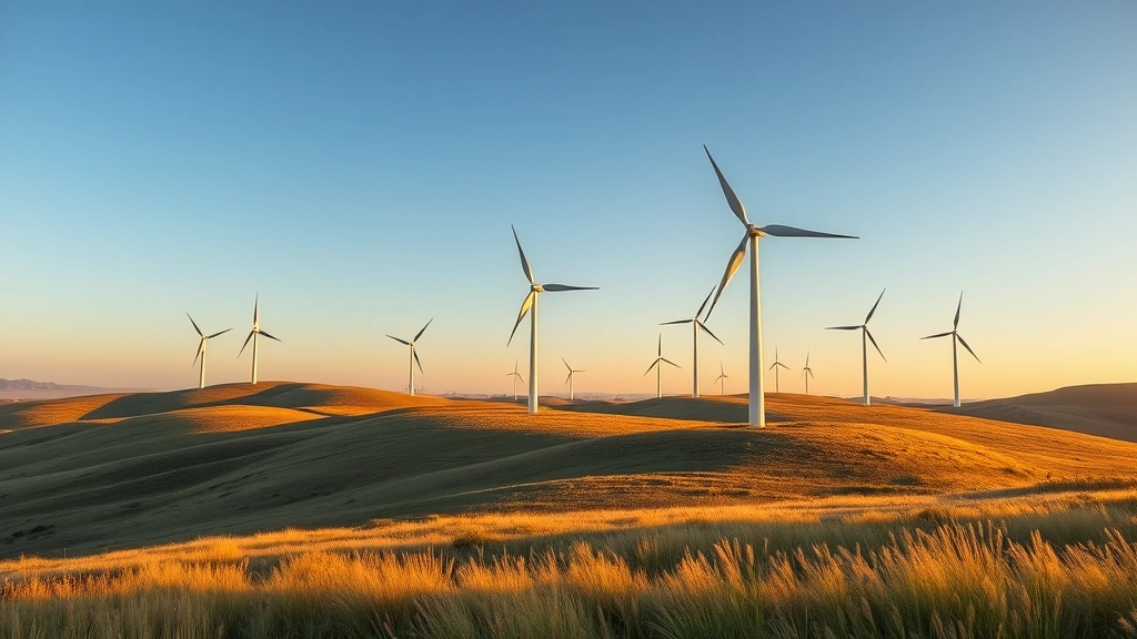 Wind turbines on rolling hills during golden hour with natural grassland surroundings, no text or labels visible