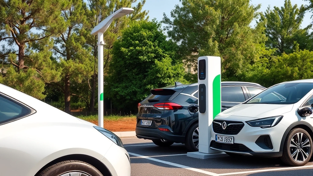 Electric vehicles charging at renewable energy station with trees and natural environment in background, clean modern infrastructure