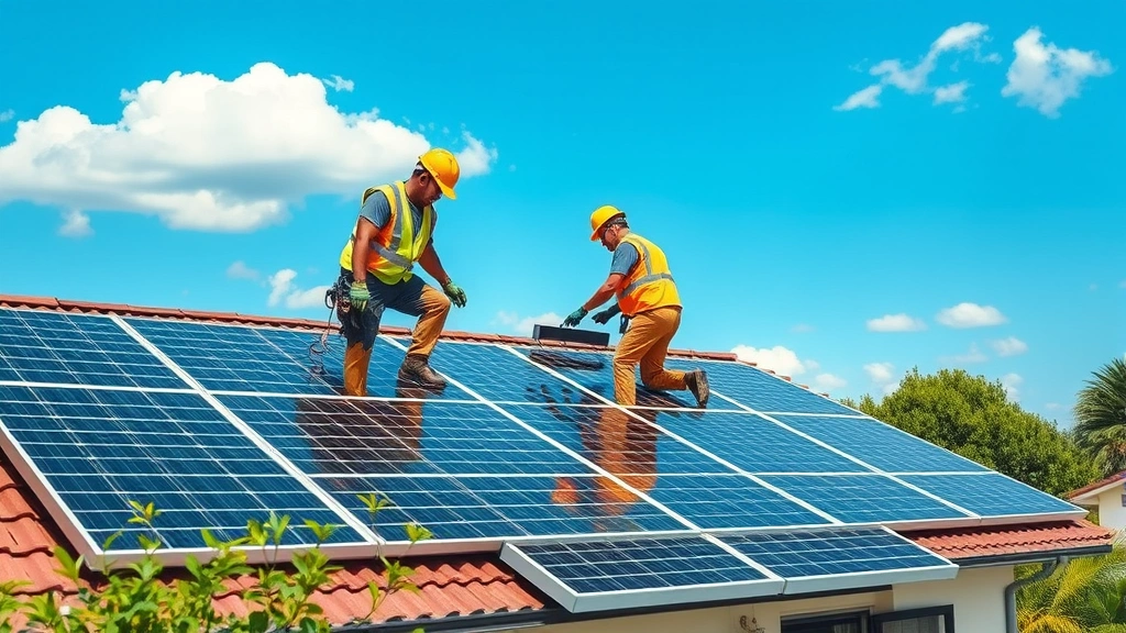 Solar panel installation workers on residential rooftop with blue sky and green landscape below, photorealistic daytime scene showing skilled technicians in safety gear connecting clean energy systems