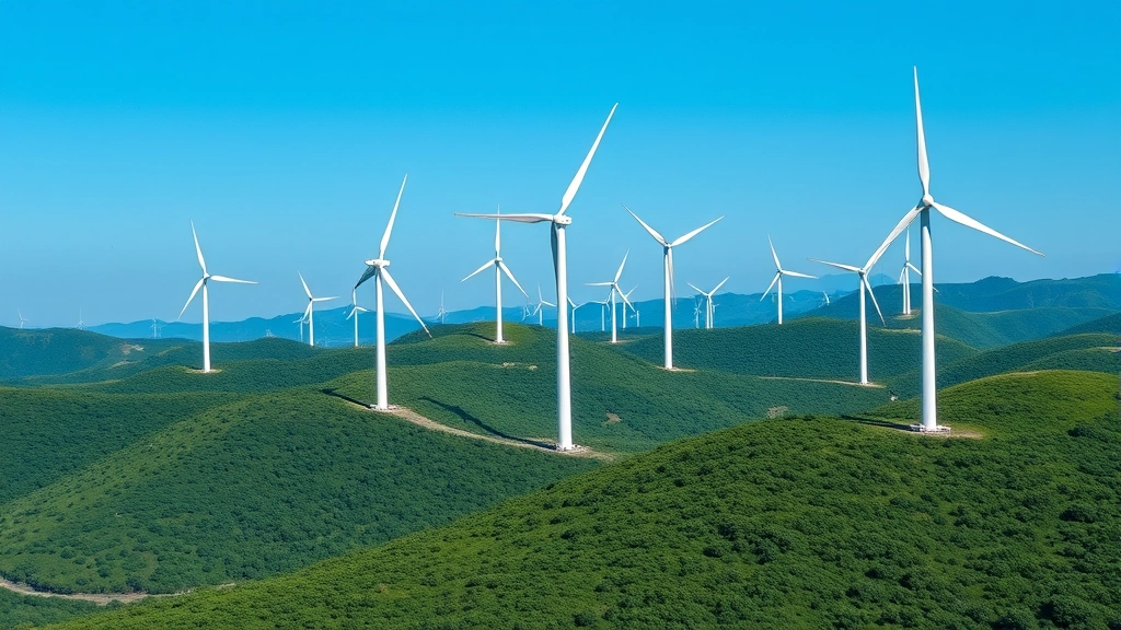 Modern wind turbine farm landscape with multiple turbines generating electricity, rolling hills covered in green vegetation, clear blue sky, industrial renewable energy infrastructure integrated into natural environment