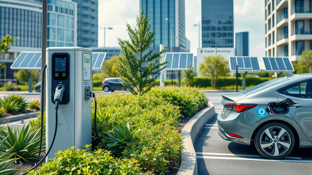 Electric vehicle charging station in urban setting with green plants and solar panels visible, representing integrated sustainable economy with clean transportation and renewable energy infrastructure