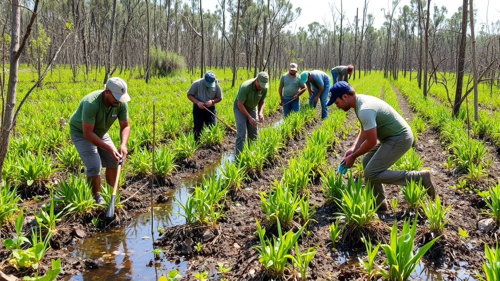 Ecosystem restoration team planting native vegetation in natural wetland habitat, diverse workers engaged in conservation labor, natural lighting, no diagrams or labels