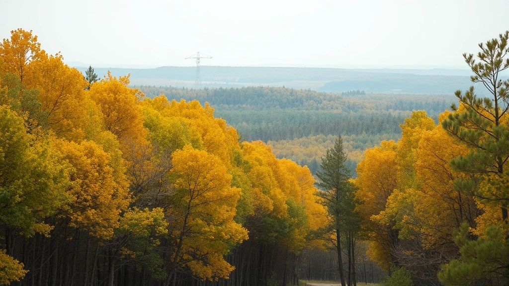 Forest canopy along major transportation corridor showing air pollution damage, yellowed leaves, reduced vegetation density compared to distant undamaged forest in background