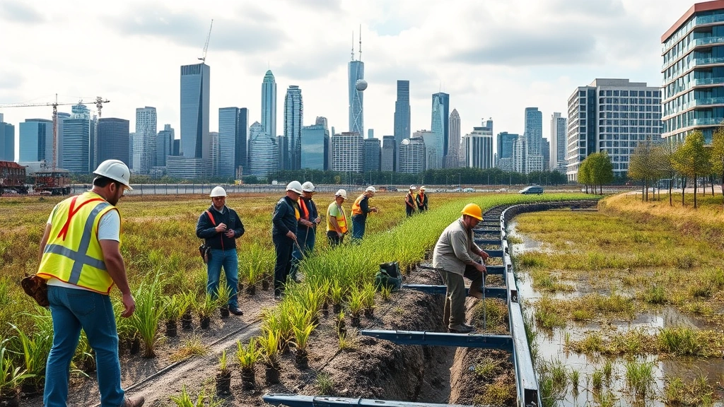 Workers installing green infrastructure in urban setting, diverse team with safety equipment, modern city skyline and restored wetlands visible, professional photography