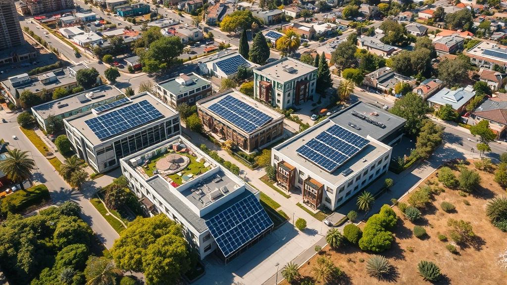 Sustainable urban landscape with green buildings, solar panels, and native vegetation in Los Angeles, aerial perspective showing integration of nature and development