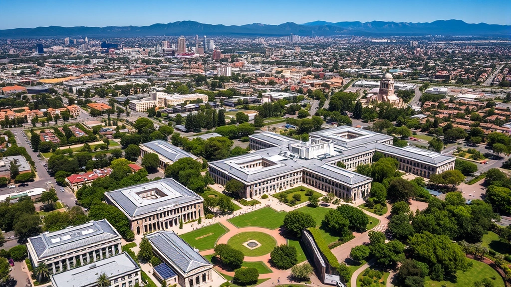 Aerial view of UCLA campus with green spaces, sustainable buildings, and surrounding Los Angeles urban landscape with mountains in background