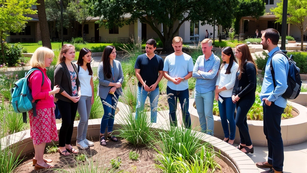 Diverse group of researchers and students collaborating outdoors on UCLA campus near sustainable green infrastructure and native plantings