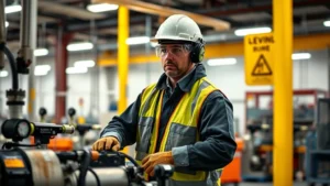 Industrial factory worker in protective gear operating machinery in well-lit facility with visible safety signage, clean workspace demonstrating occupational safety standards, photorealistic
