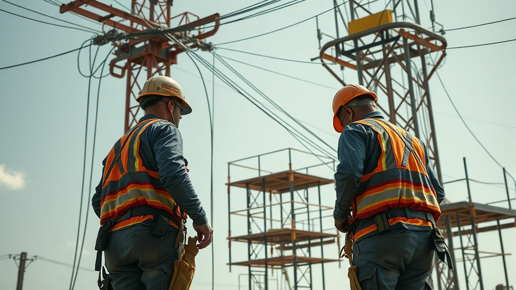 Contrast image: construction workers without proper safety equipment on hazardous site with exposed electrical wires and unstable scaffolding, showing dangerous conditions, photorealistic