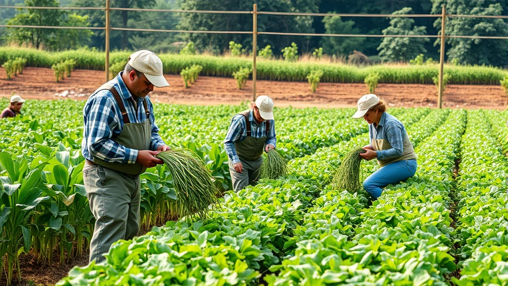Agricultural workers harvesting crops in sustainable farm with proper ergonomic tools and safety practices, healthy soil visible, green ecosystem in background, photorealistic