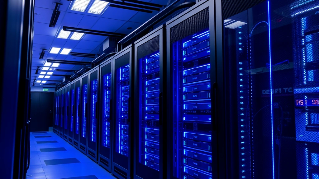 Modern data center with server racks and blue LED lights, showing organized IT infrastructure and efficient cooling systems, professional technical environment